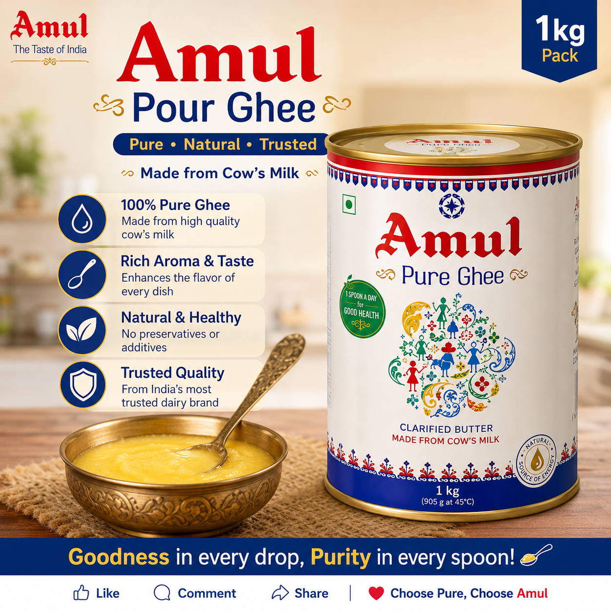 Amul Pure Ghee 1kg Tin Container – Premium Cow's Milk Ghee for Cooking and Baking